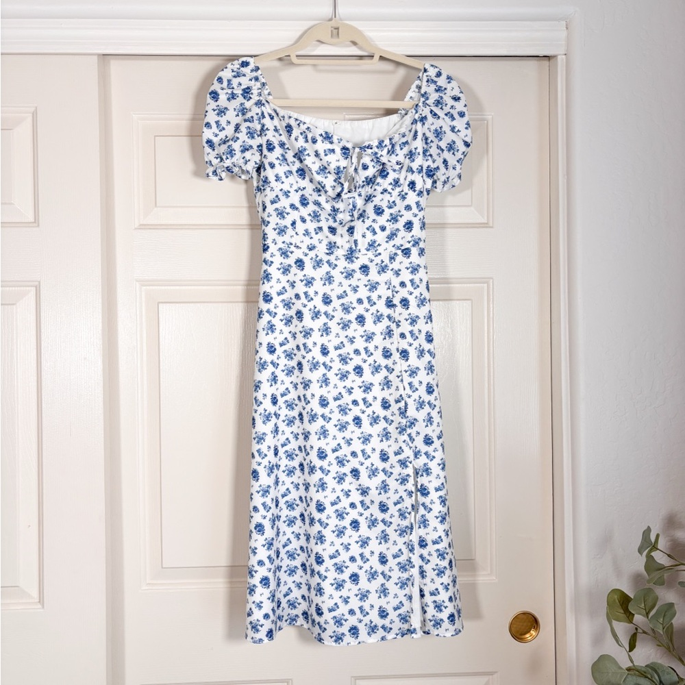 Blue Floral Square Neck Puff Sleeve Boho Midi Dress w/Leg Slit